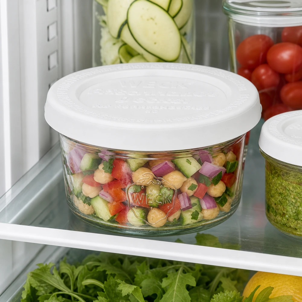 Vaso cilíndrico de 50ml con tapa de frescor WECK RR60 WECK 50ml RR60 vasos con ensalada de colores en la nevera entre los ingredientes frescos para el almacenamiento práctico de preparación de comidas
