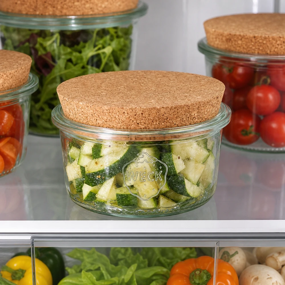 WECK tarro 165ml RR80 tapa corcho nevera verduras pepinos tomates ensalada fresco almacenamiento Meal Prep