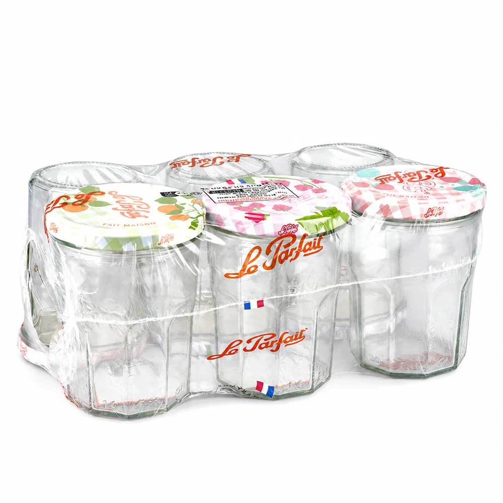 Vasos de mermelada Le Parfait 385 ml en pack de 6 con tapas de rosca retractiladas de colores