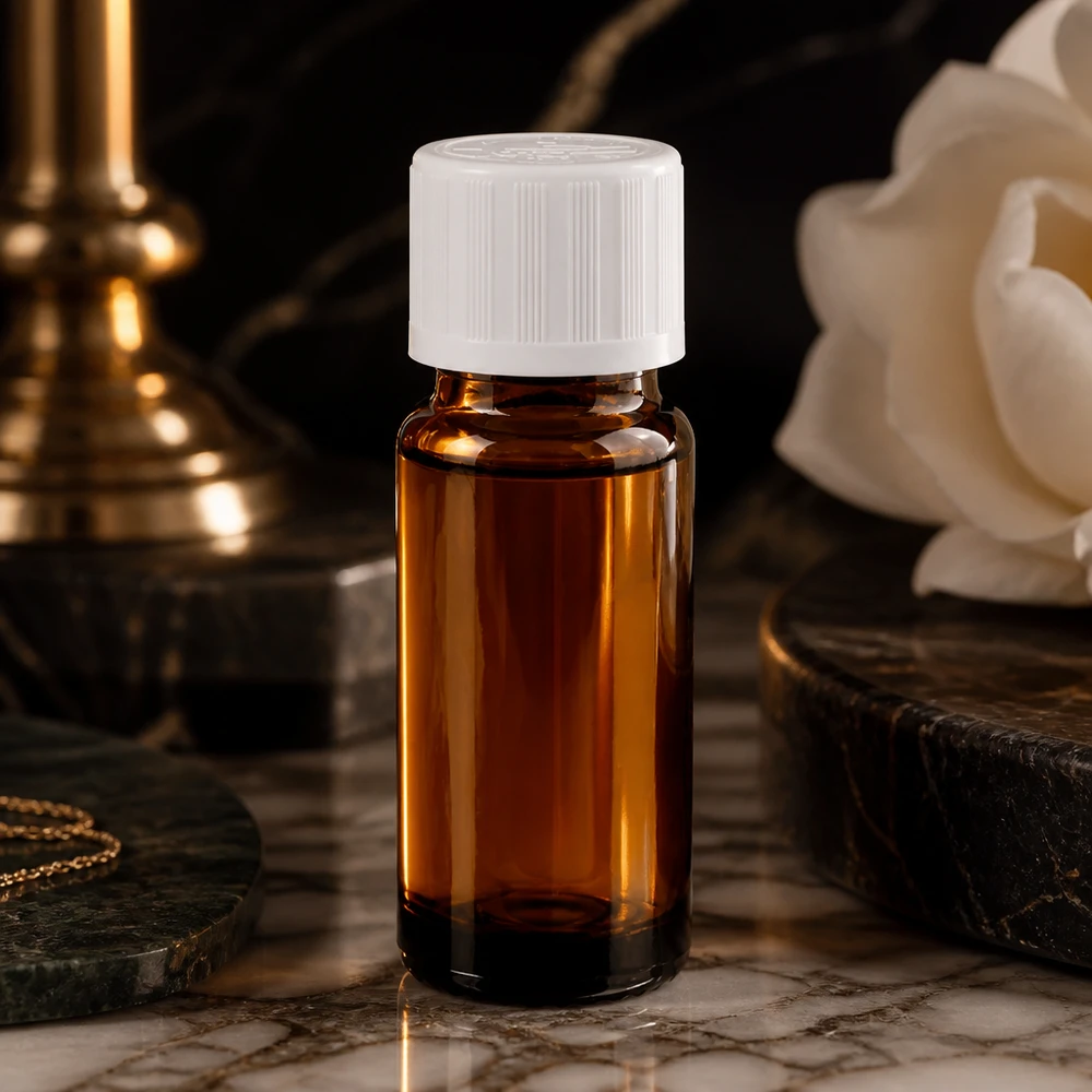 Botella de farmacia marrón 10ml tapón cuentagotas blanco estándar de seguridad para niños Frasco cuentagotas marrón de 10 ml, de cristal de farmacia, con tapón blanco de silicato de potasio sobre mármol, junto a una rosa blanca