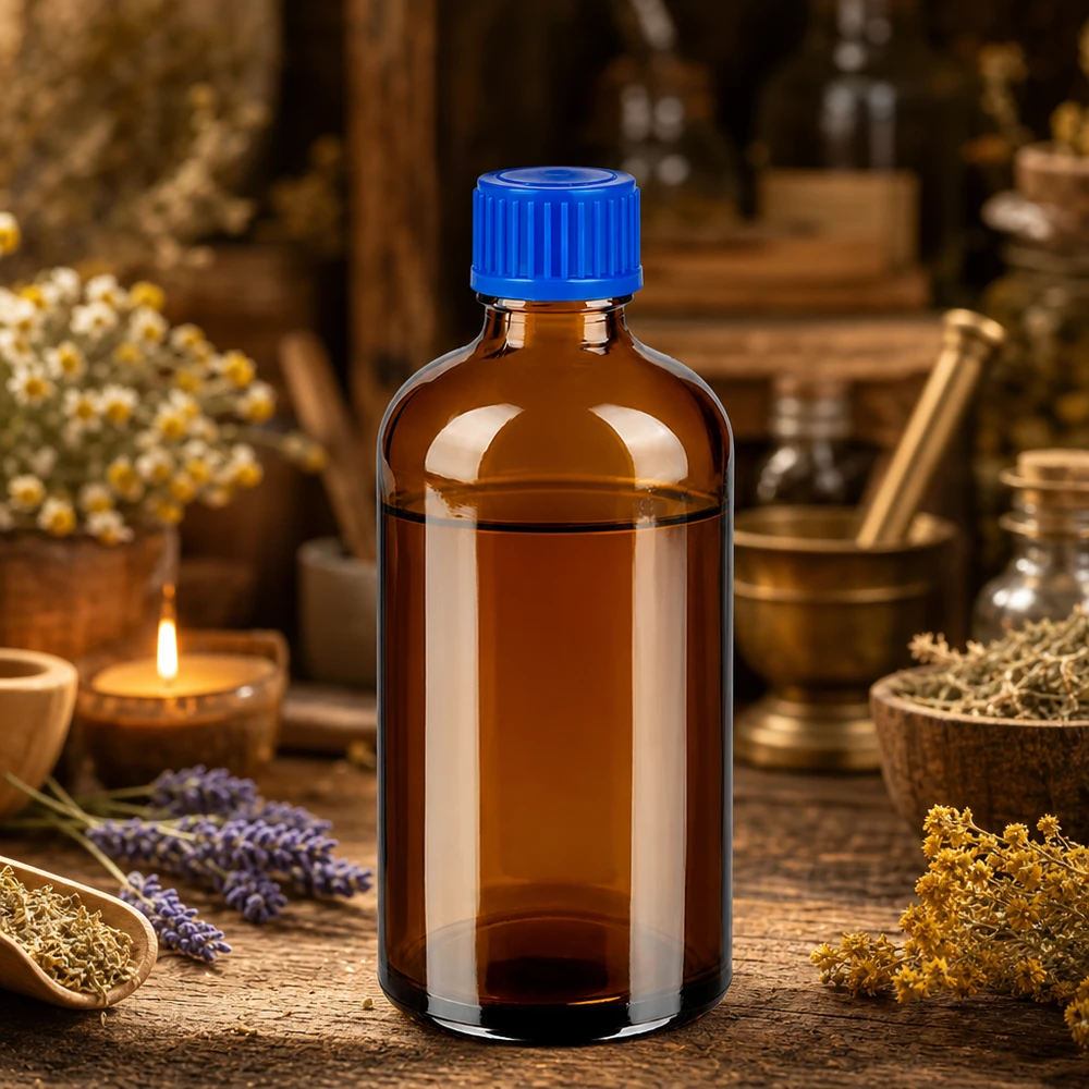 Frasco de vidrio BrownLine de alta calidad de 100 ml con protección UV y tapón azul para sustancias sensibles a la luz
