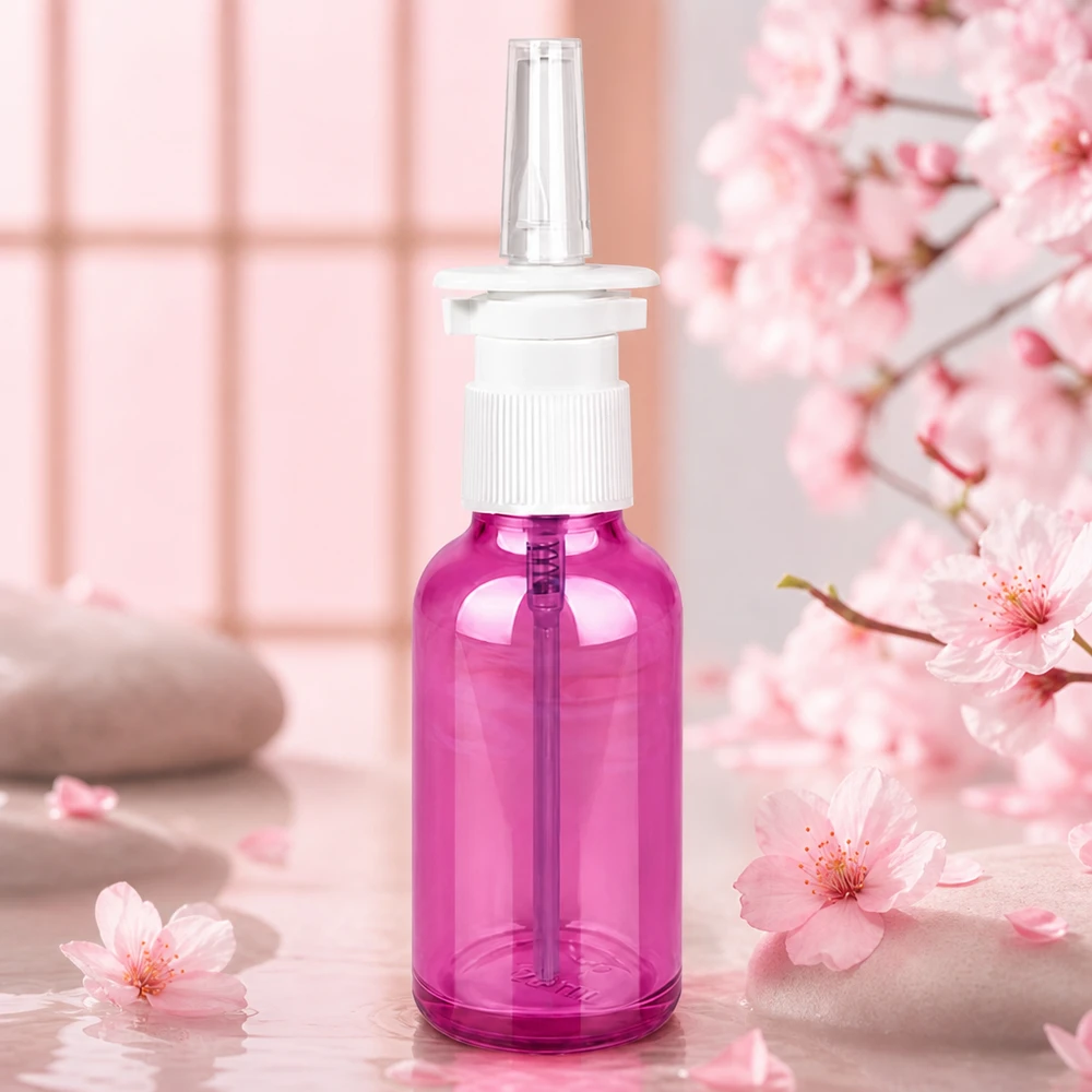 Frasco de aerosol nasal de 30 ml de alta calidad con rosca STD en un elegante aspecto morado para productos farmacéuticos