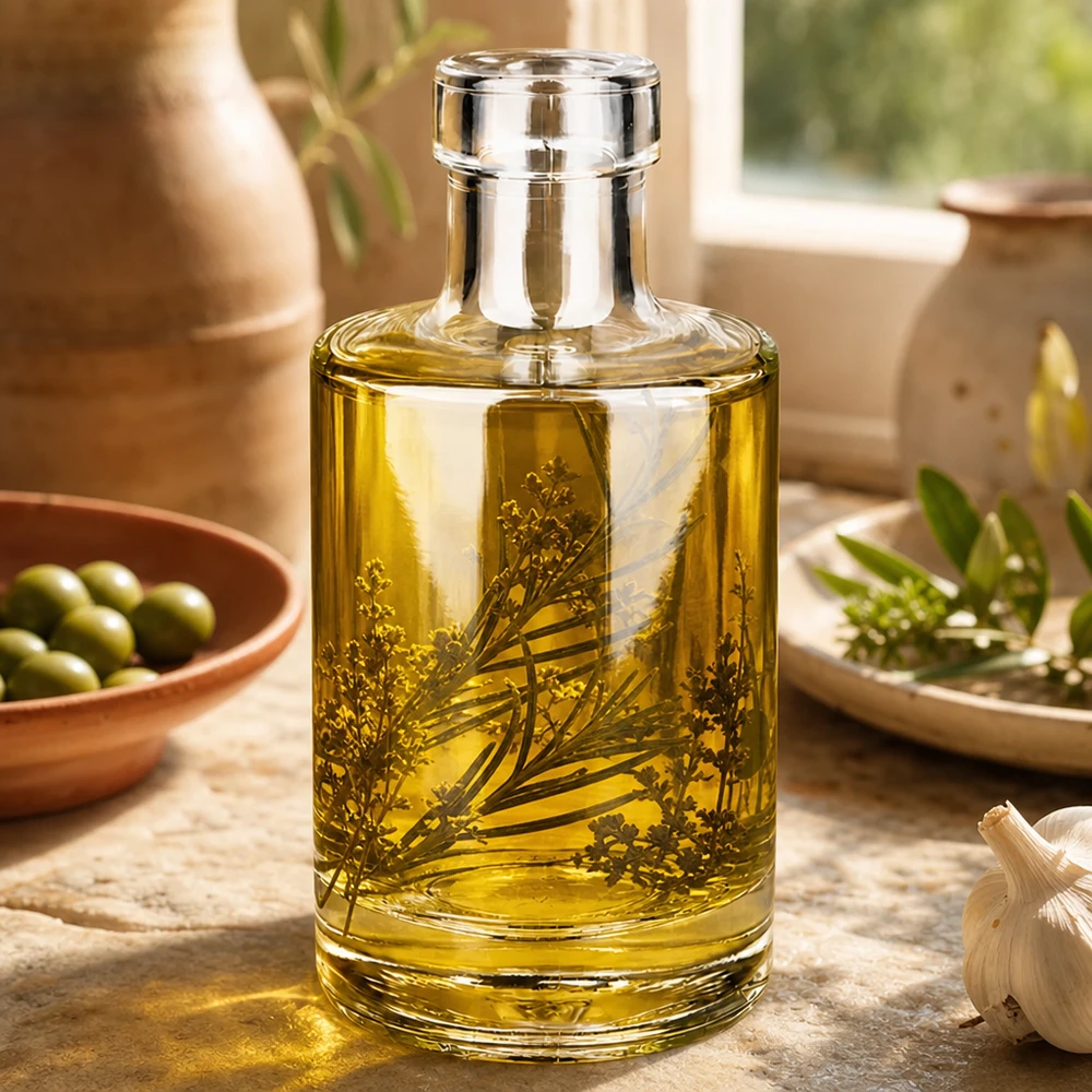 Botella de vidrio de 200 ml «Marie» sin tapón UNiTWIST® Botella de cristal Marie 200ml llena de aceite de hierbas Aplicación ejemplo Cocina Decoración mediterránea Estilo de vida