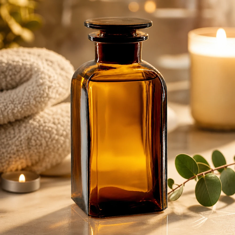 Botella cuadrada de color ámbar de 350 ml con tapón de cristal, en un ambiente relajante de spa con velas