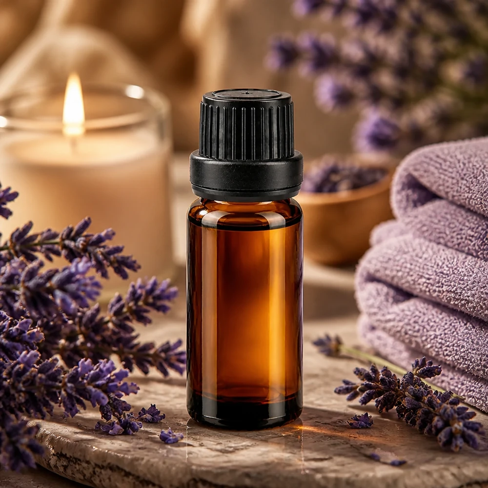 Frasco de farmacia marrón de 10 ml con tapón OV negro, junto a flores de lavanda y una vela