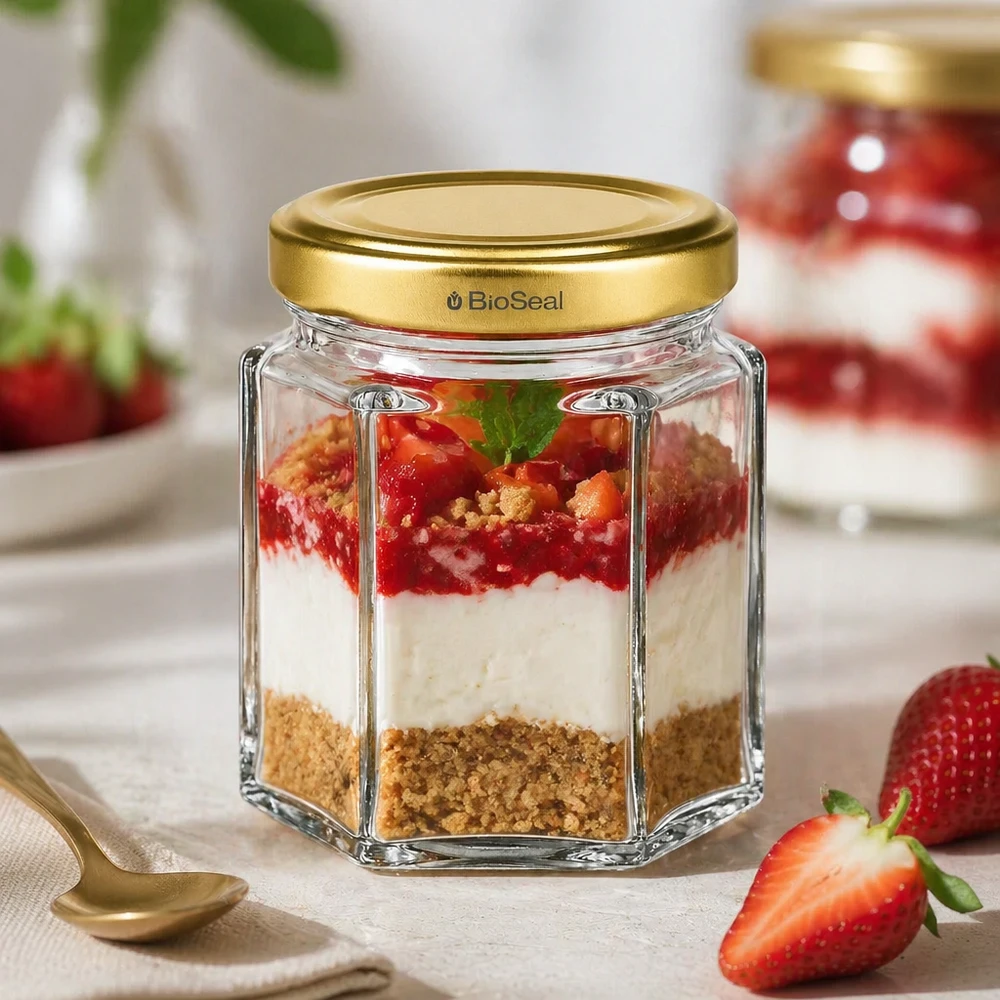 Tarro para miel de 60 g con tapa dorada BioSeal UNiTWIST Tarro de miel BioSeal 60g con tarta de queso y fresas rellena de capas junto a una cuchara dorada y fresas frescas
