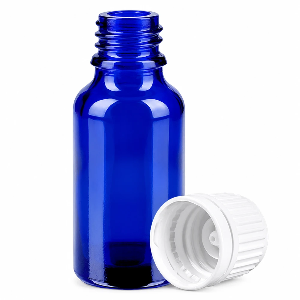 Botella 20ml 11mm tapón rosca blanco cierre inviolable BlueLine UT18/20 Pequeño frasco de 20 ml de vidrio azul con tapón blanco para una dosificación y almacenamiento precisos