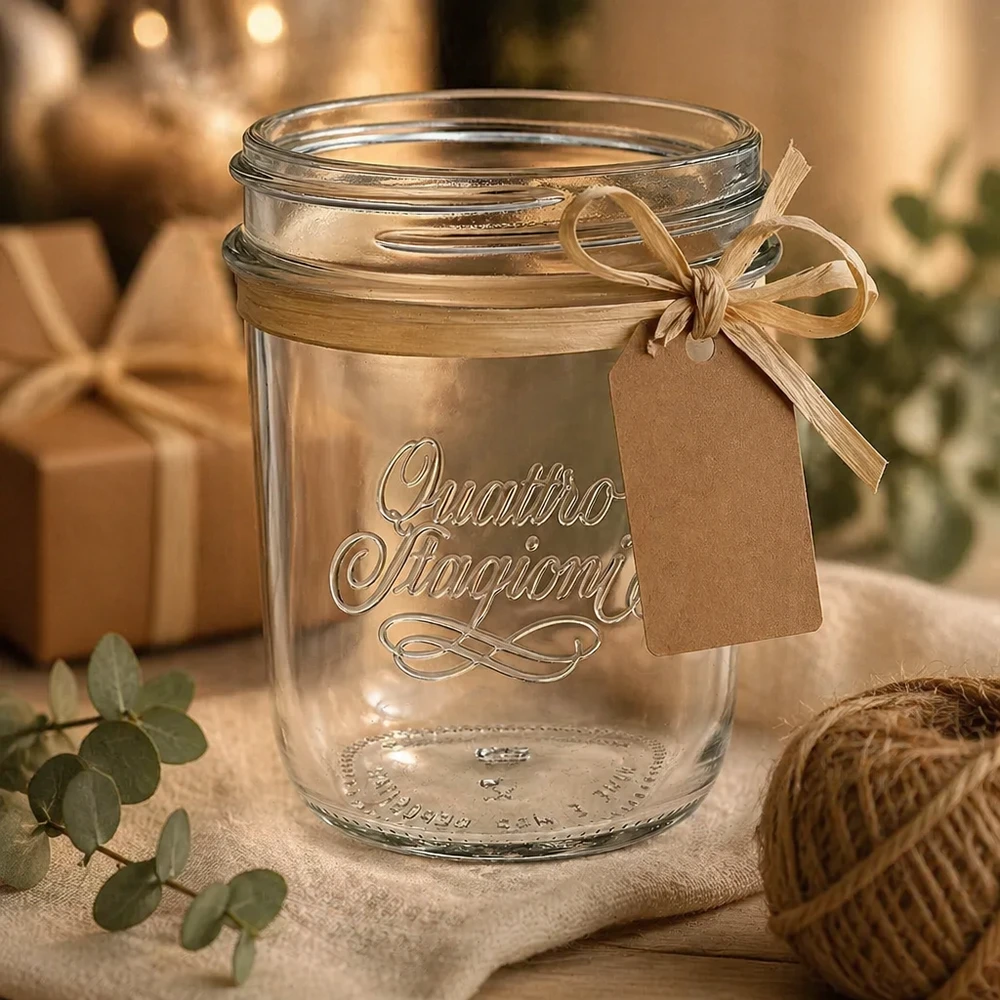 Vaso "Quattro Stagioni" 320ml QS86mm Tarro de conserva Quattro Stagioni de 320 ml con cinta y etiqueta de regalo como decoración sobre una mesa de madera rústica