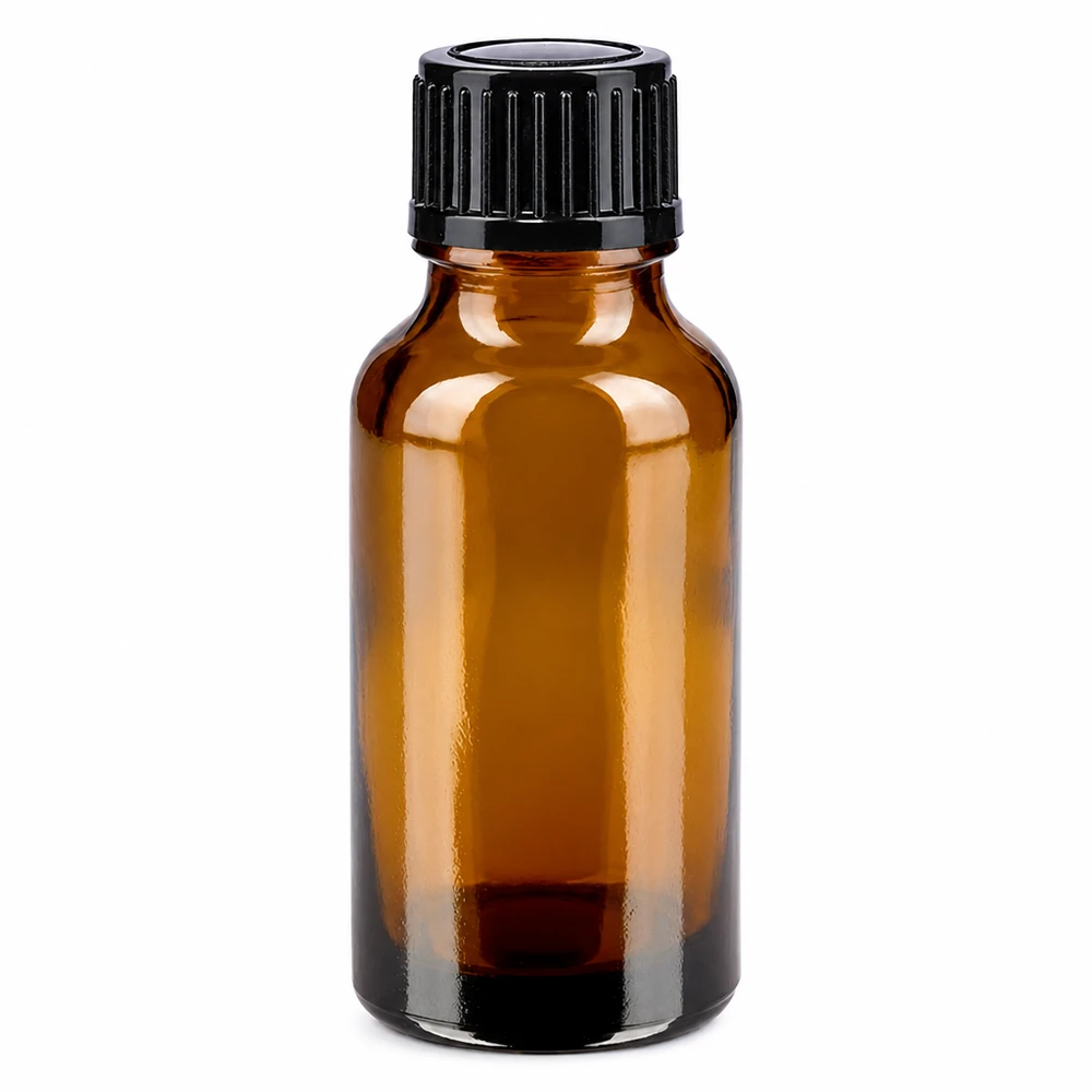 Frasco de farmacia de cristal marrón de 20 ml con tapón estándar negro de 11 mm