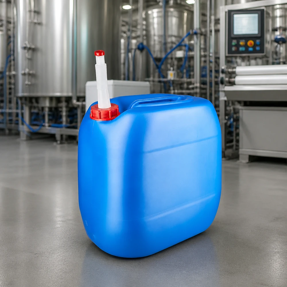 Bidón industrial de 30 litros, azul, con tubo de salida flexible blanco, en una moderna planta de producción