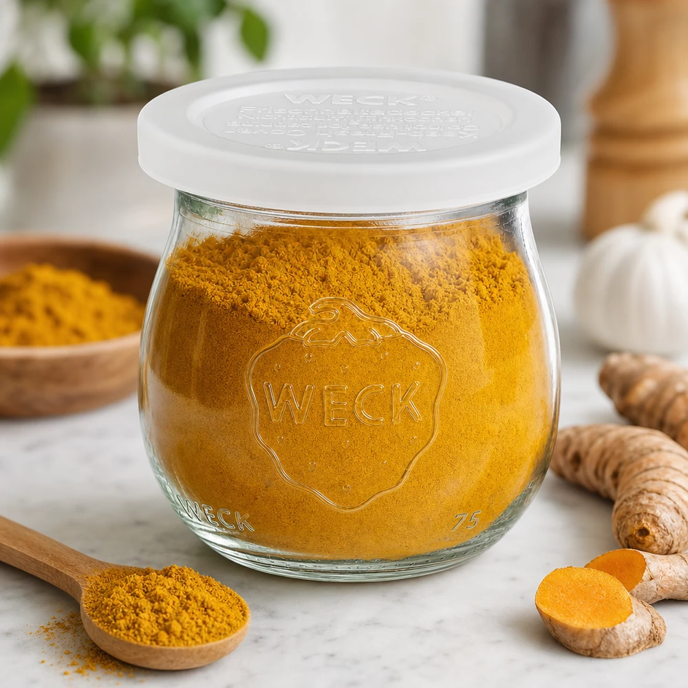 Tarro tulipán de 75ml con tapa de frescor WECK RR40 WECK tarro tulipán 75ml RR40 lleno de cúrcuma en polvo junto a raíces frescas de cúrcuma y cuchara de madera sobre mármol