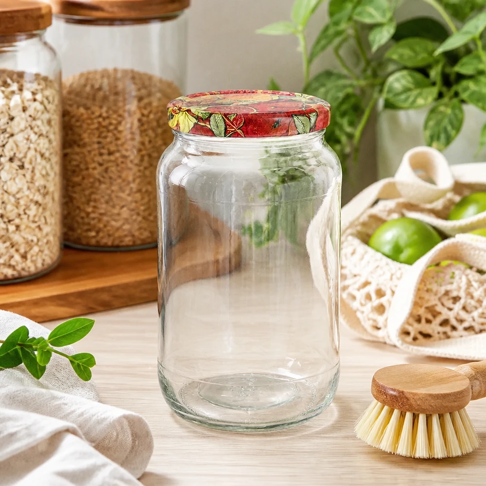 Tarro redondo 1062ml + tapa BasicSeal decoración frutas UNiTWIST 1062ml tarro redondo tapa BasicSeal fruta decoración cocina sostenible cero residuos almacenaje cereales verduras cepillo madera