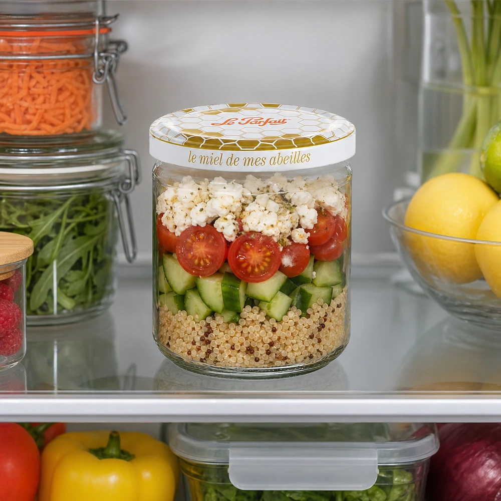 Le Parfait Tarro de miel 212 ml con ensalada de quinoa, pepino, tomate y queso feta en la nevera