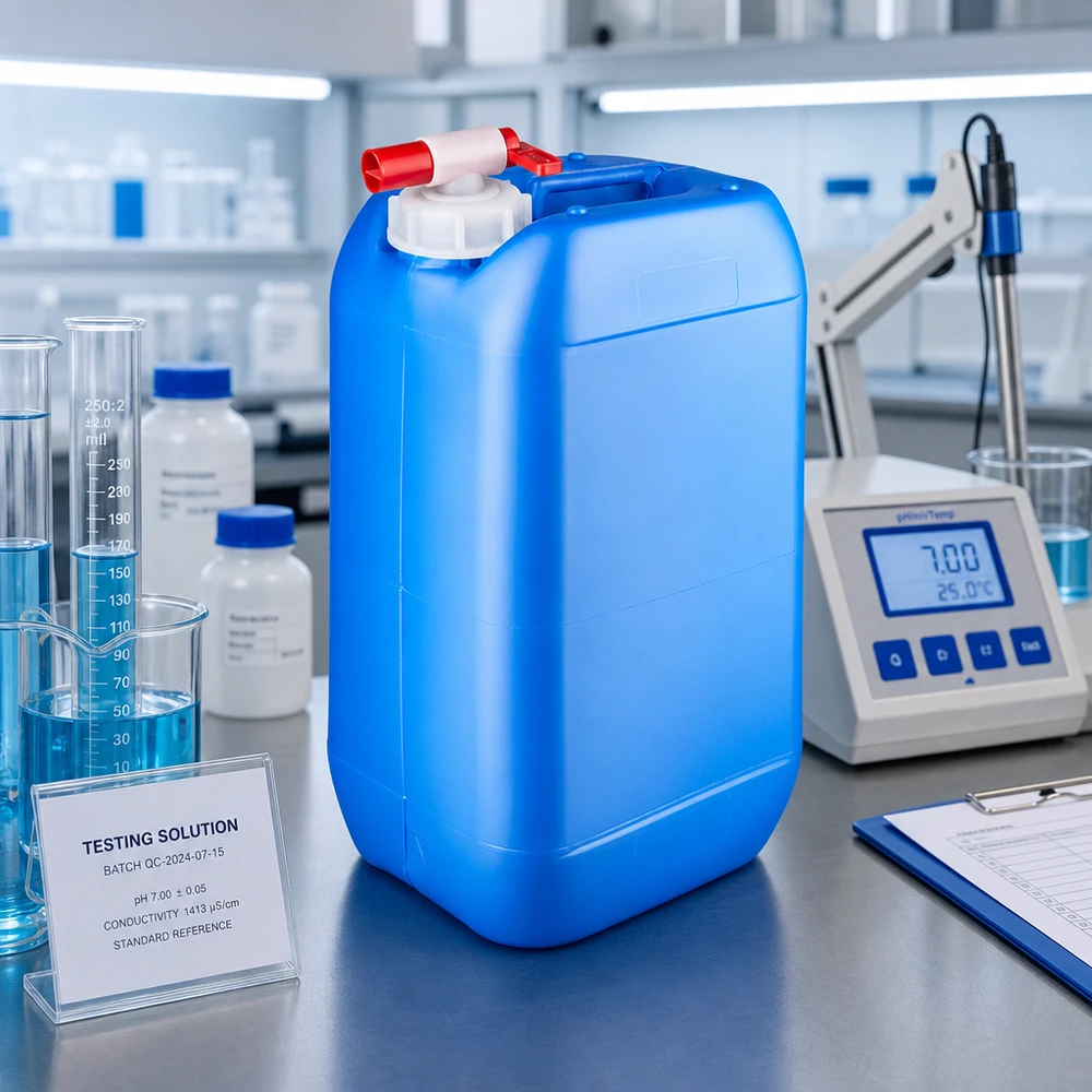 Bidón 15 litros azul con grifo de vaciado Bidón de laboratorio azul de 15 litros con grifo de salida, junto a un medidor de pH y cilindros graduados