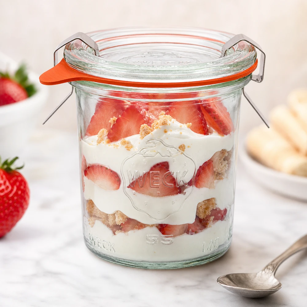 Tarro de postre WECK RR60 de 140 ml de fresa y nata relleno de fresas frescas y migas de galleta como tarro de porciones
