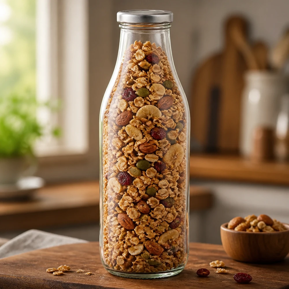 Botella de cristal de 1000 ml BasicSeal silver rellena de muesli frutos secos Almacenamiento en la cocina