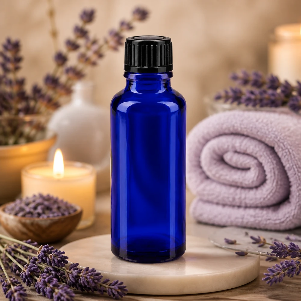 Frasco cuentagotas azul de 30 ml, de cristal de farmacia, con abertura de 1 mm y tapón de rosca negro