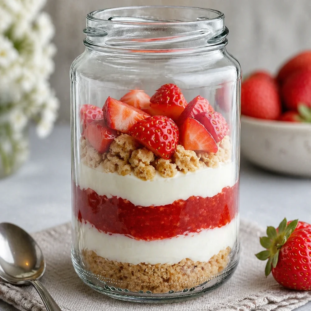 UNiTWIST Runda375 vaso redondo 375ml como vaso de postre con capas de postre fresas nata y sprinkles servido decorativamente