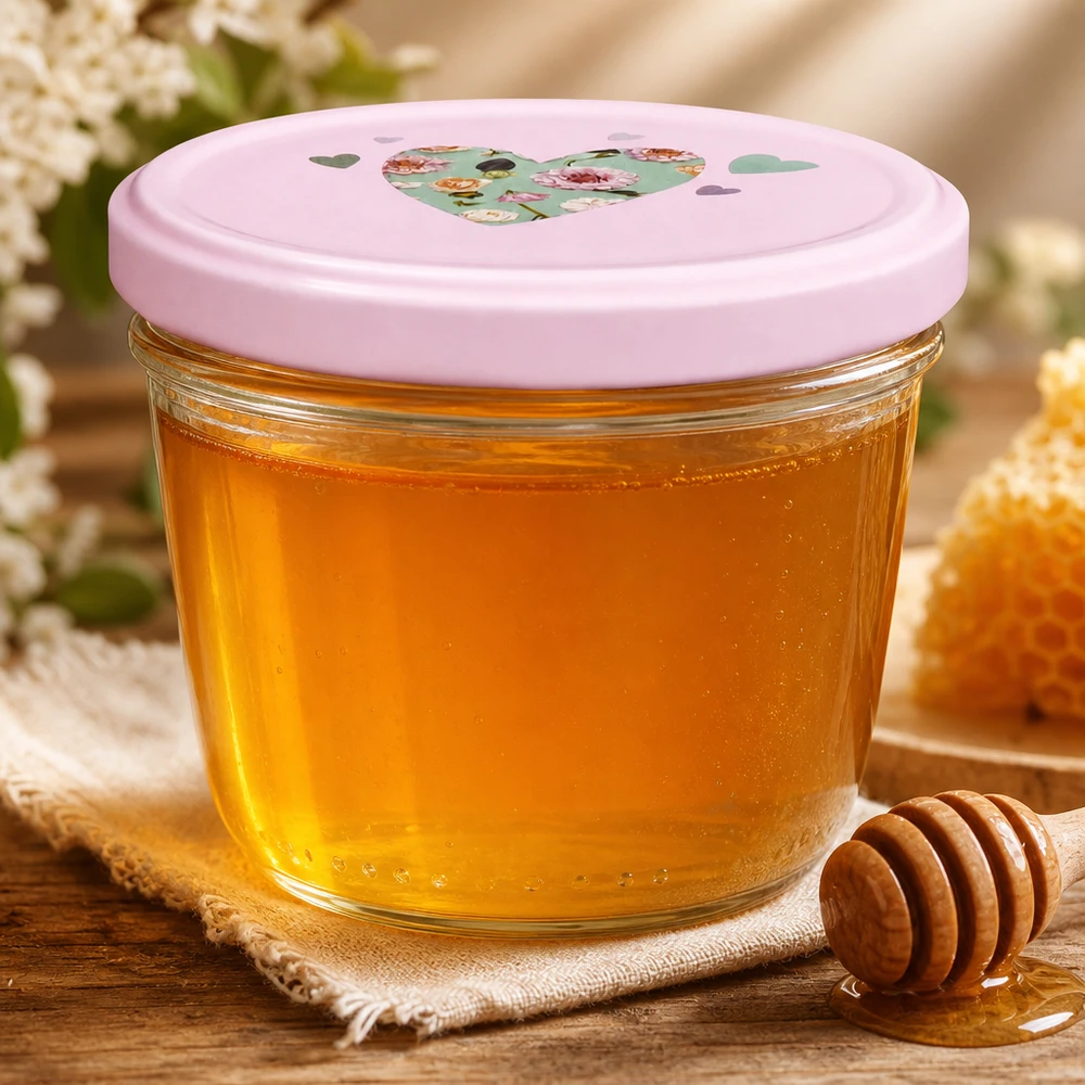 Vasos de 230 ml + tapa BasicSeal rosa corazón UNiTWIST Tarro BasicSeal rosa de 230 ml con tapa lleno de miel junto a cuchara de miel en posavasos de yute Almacenamiento de productos naturales