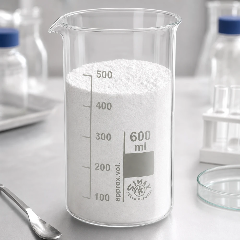 Vaso de precipitados de 600 ml, de forma alta, lleno de polvo blanco, sobre una mesa de trabajo de laboratorio con utensilios de laboratorio