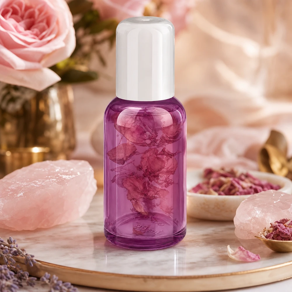 Frasco roll-on de cristal violeta de 30 ml con pétalos de rosa secos para aromaterapia natural