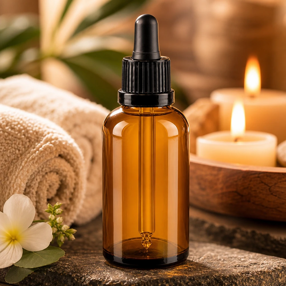 Frasco de vidrio ámbar de 50 ml con pipeta OV BrownLine UT18/50 para cosméticos y sueros