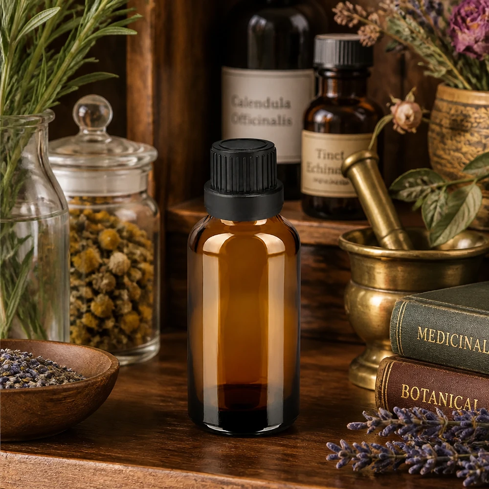 Frasco compacto de vidrio ámbar de 30 ml con tapón negro a prueba de manipulaciones para aromaterapia y cosmética natural