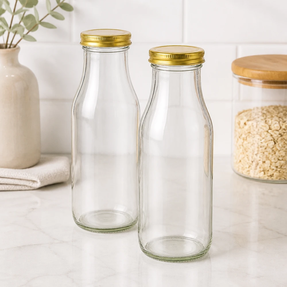 Dos botellas de vidrio UNiTWIST Bottle263 con tapas doradas TO43 BioSeal en una cocina moderna junto a un tarro para guardar avena