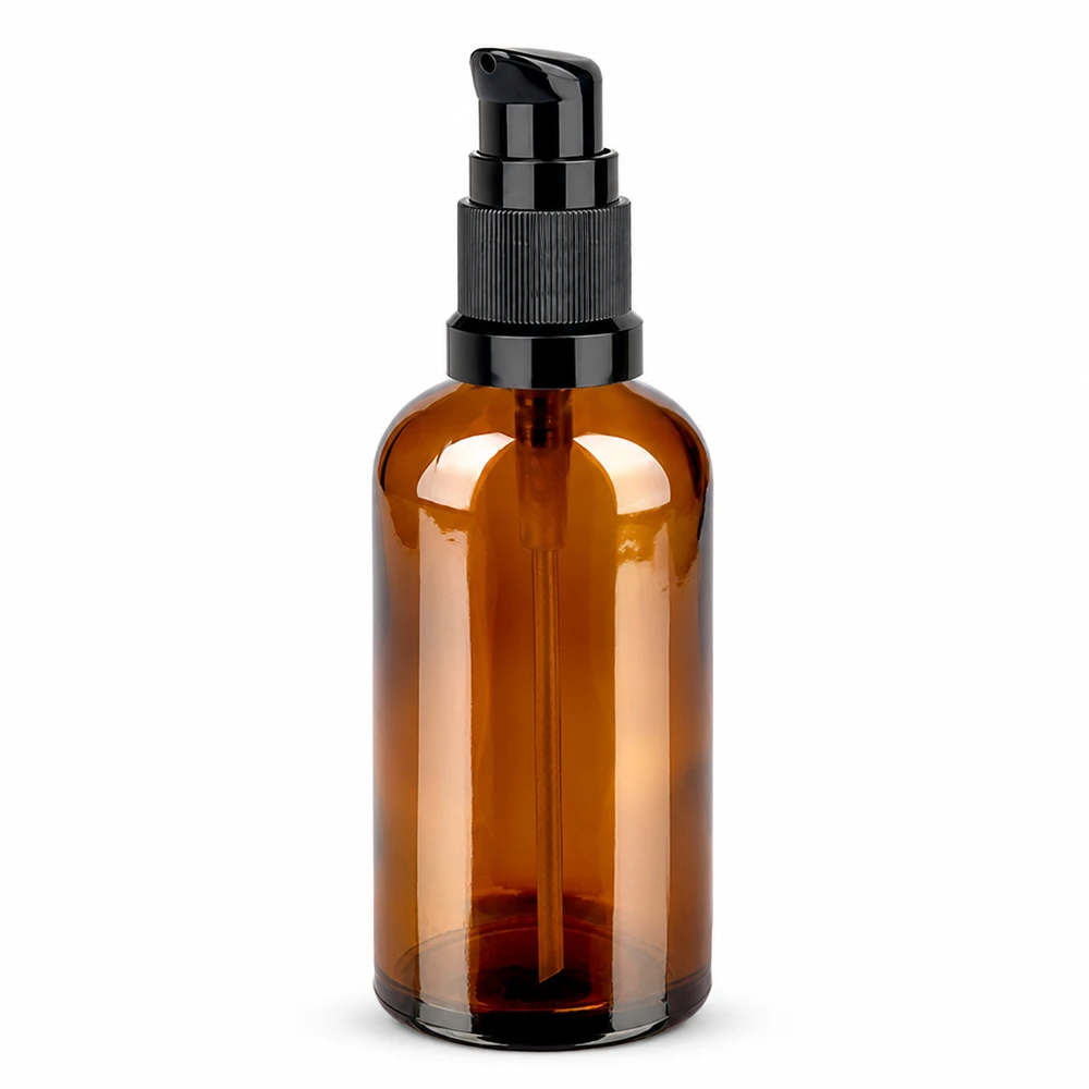 Frasco con bomba de 100 ml negro con tapón estándar BrownLine UT18/100 Frasco de cristal marrón de 100 ml con dosificador de bomba negro para sueros y aceites