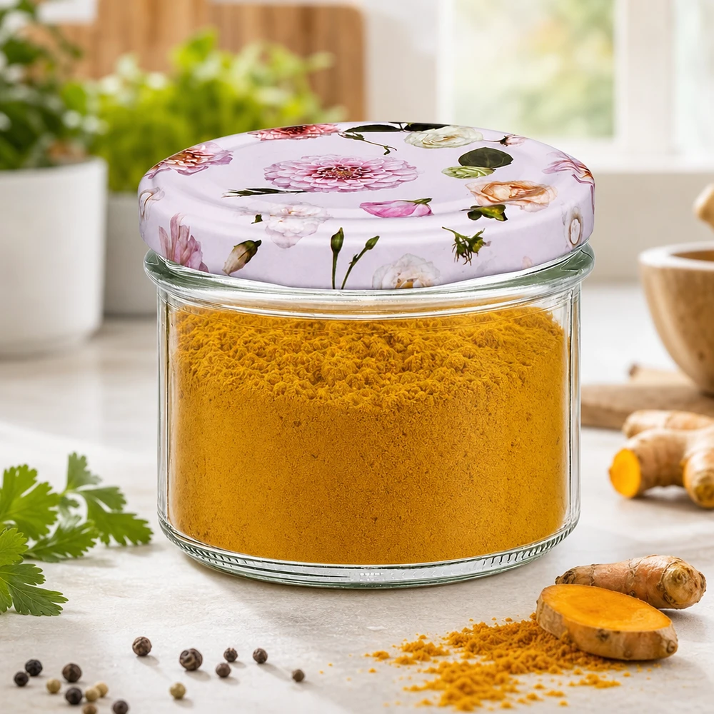 Tarro de conserva de 225 ml lleno de cúrcuma en polvo y tapa floral - almacenamiento de especias en tarro de conserva