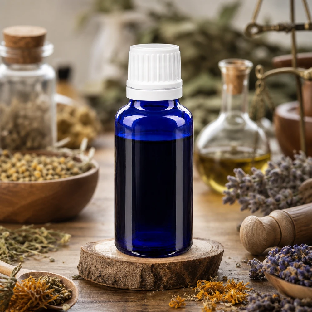 Frasco de cristal azul de alta calidad de 20 ml con tapón cuentagotas blanco, rodeado de hierbas y lavanda