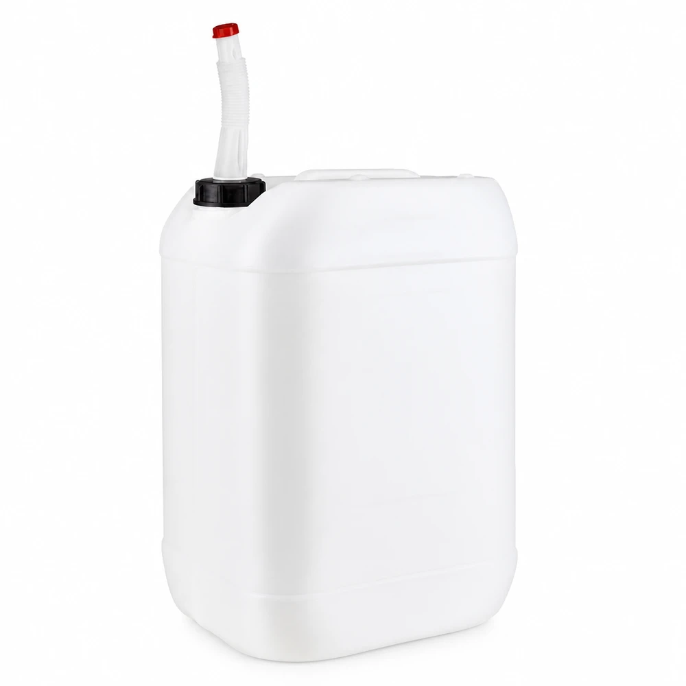Bidón de plástico blanco de 25 litros con tubo de salida flexible y tapón rojo