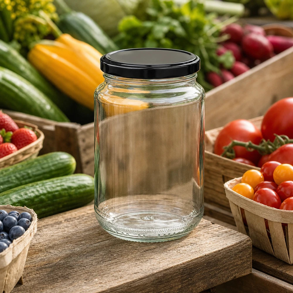 Tarro redondo de 375 ml vacío con tapa negra BasicSeal entre verduras frescas muestra un uso versátil como tarro de conserva