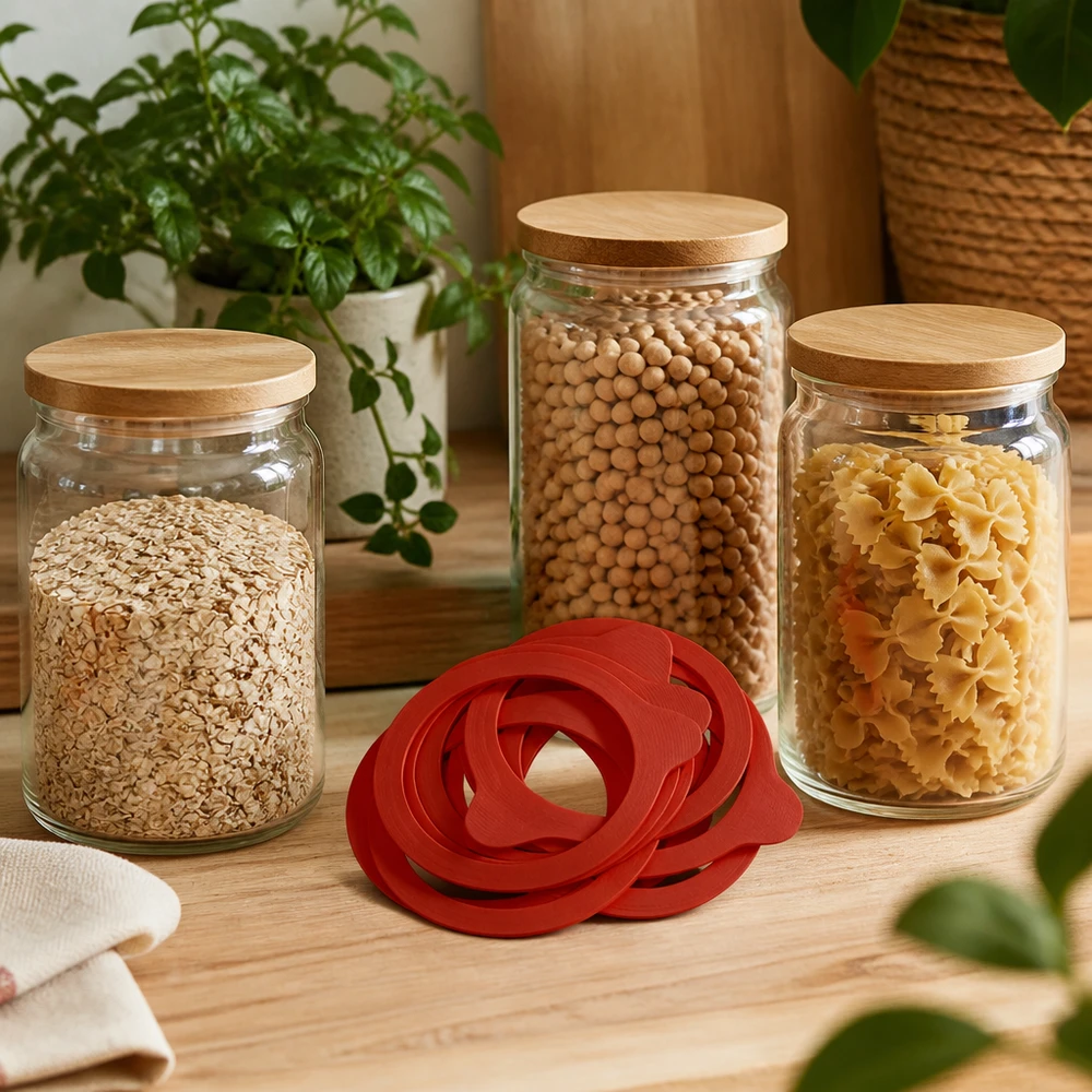 Anillas de conservas rojas RR100 Caucho natural delante de tarros de conservas con pasta legumbres copos de avena Decoración de cocina