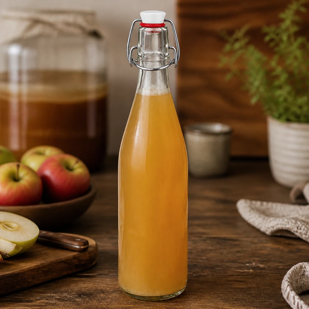Botella de vidrio de 500ml + tapa oscilante de porcelana UNiTWIST Glasflasche 500ml mit Bügelverschluss gefüllt mit Apfelsaft in rustikaler Küche neben frischen Äpfeln auf Holzbrett
