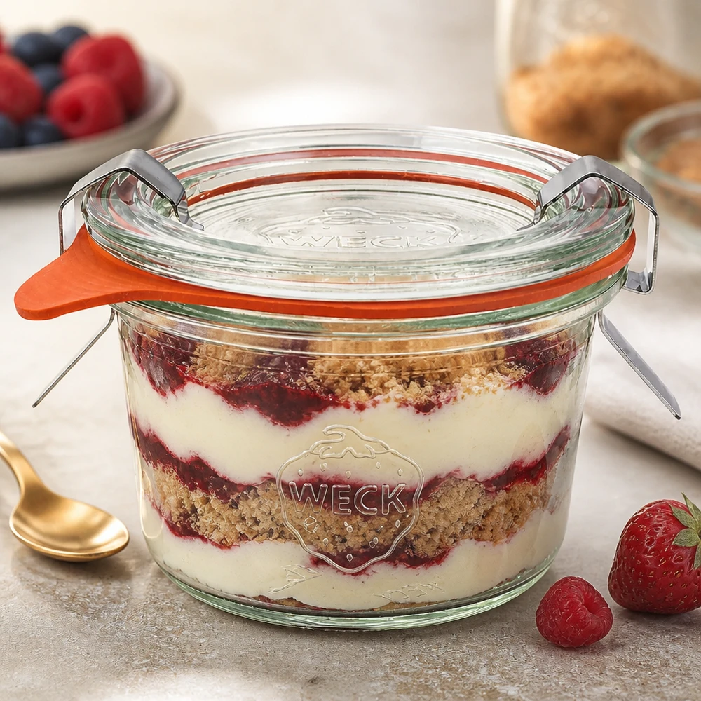 Los vasos WECK de 80 ml RR60 con capas de postre Tiramisú muestran su uso versátil para postres y porciones
