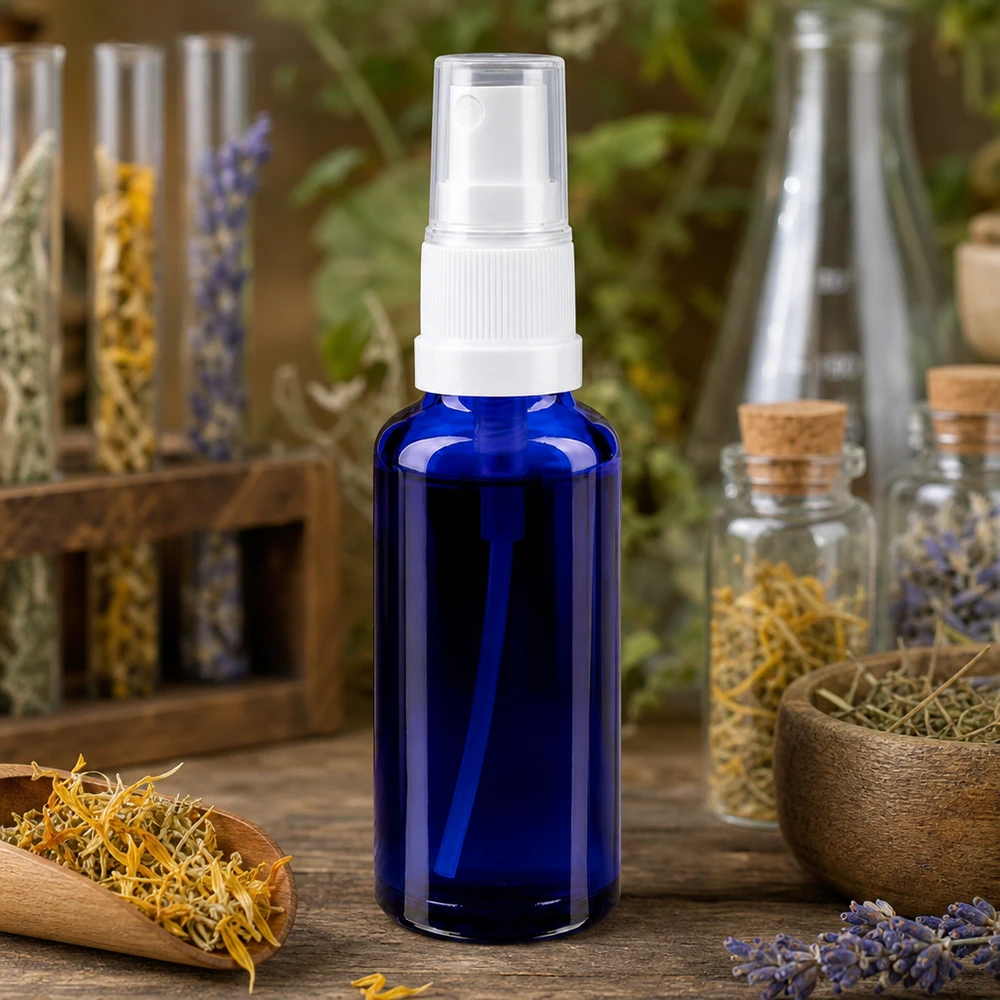 Frasco de cristal azul de farmacia de 30 ml con pulverizador, situado entre hierbas medicinales secas, una bandeja de madera y recipientes de cristal