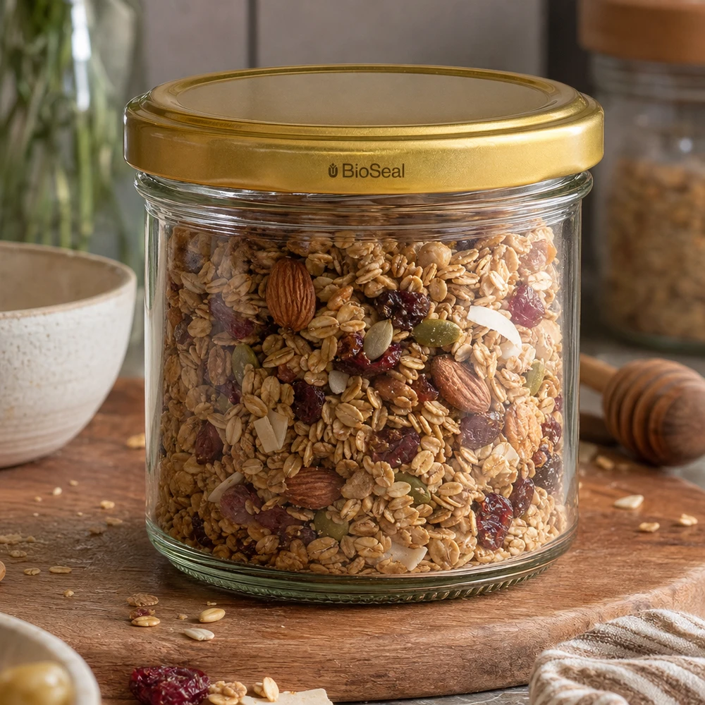 Vasos de 125ml con tapa dorada UNiTWIST BioSeal UNiTWIST 125ml Vorratsglas mit Müsli und Nüssen - goldener TO66 Deckel für luftdichte Aufbewahrung von Granola