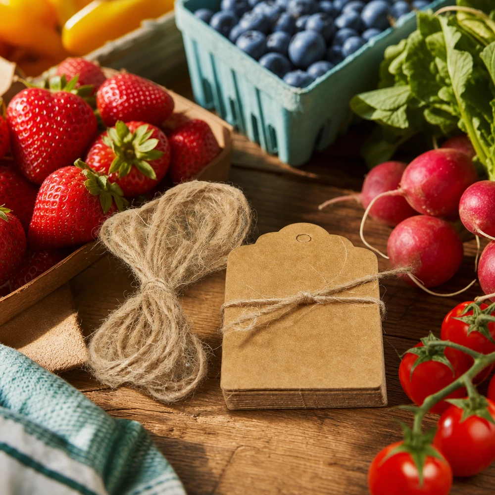 Etiqueta de papel kraft de 30x50mm con cordón de yute entre frutas y verduras frescas en una caja de madera de mercado agrícola
