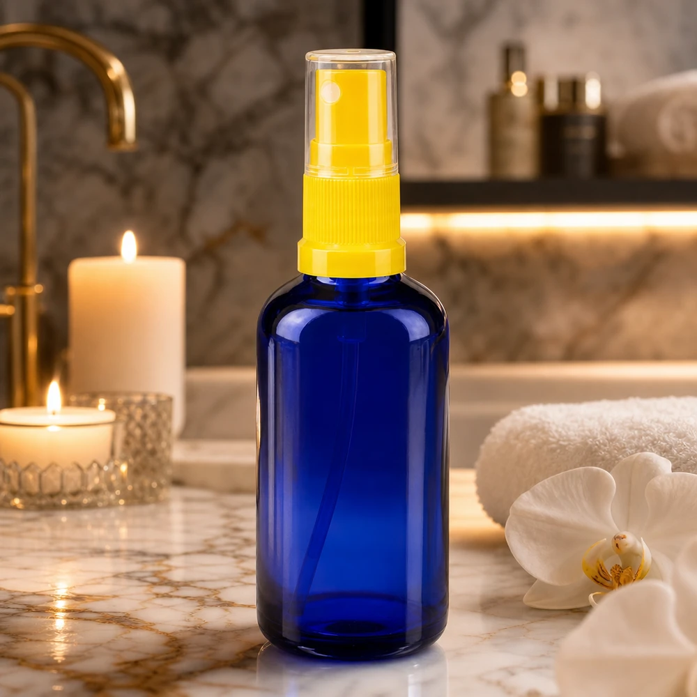 Frasco pulverizador azul de 50 ml de cristal de farmacia con cabezal pulverizador transparente sobre fondo de mármol