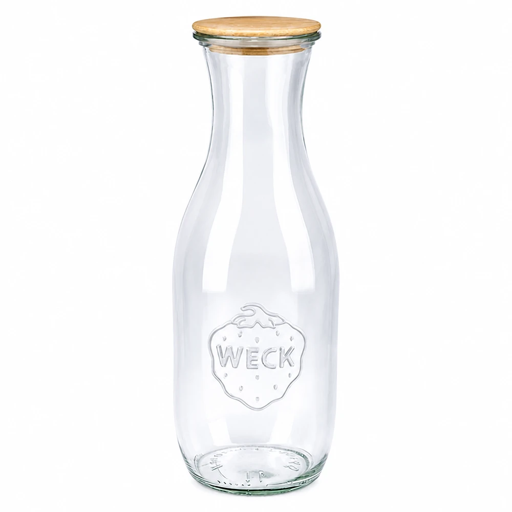 1062ml botella de zumo WECK RR60 con tapa de madera WECK botella de zumo 1062ml de vidrio con tapa de madera RR60 transparente vacío de pie sobre fondo blanco