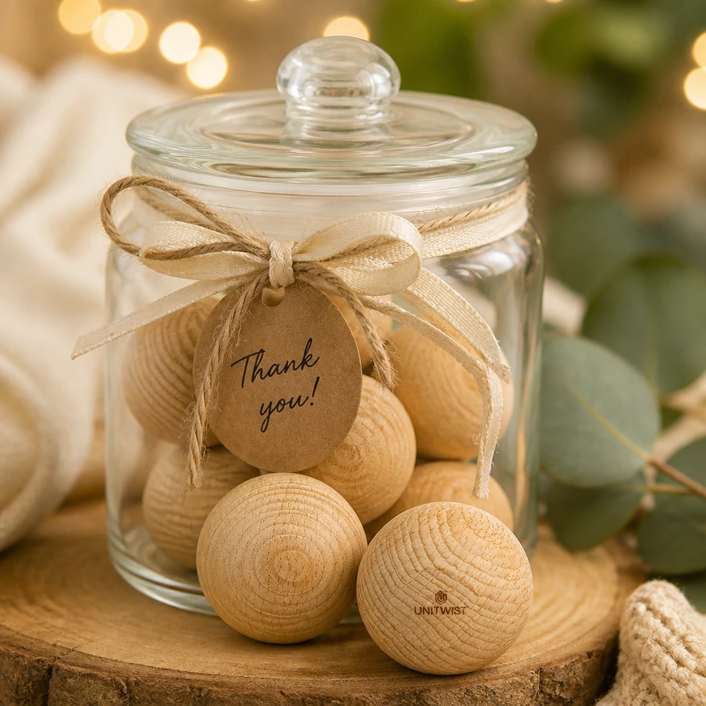 Bola de madera UNiTWIST (haya) para WECK RR60 UNiTWIST bolas de madera de haya WECK RR60 en tarro de regalo con etiqueta de agradecimiento decoración rústica botones de madera