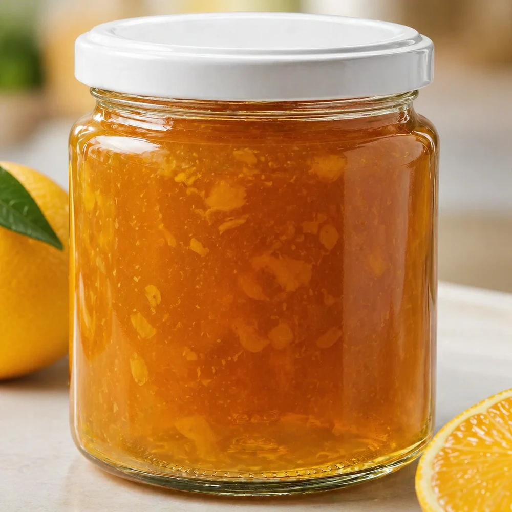 Tarro de miel de 250 ml lleno de miel dorada y tapa blanca UNiTWIST junto a naranjas frescas en la mesa de la cocina.