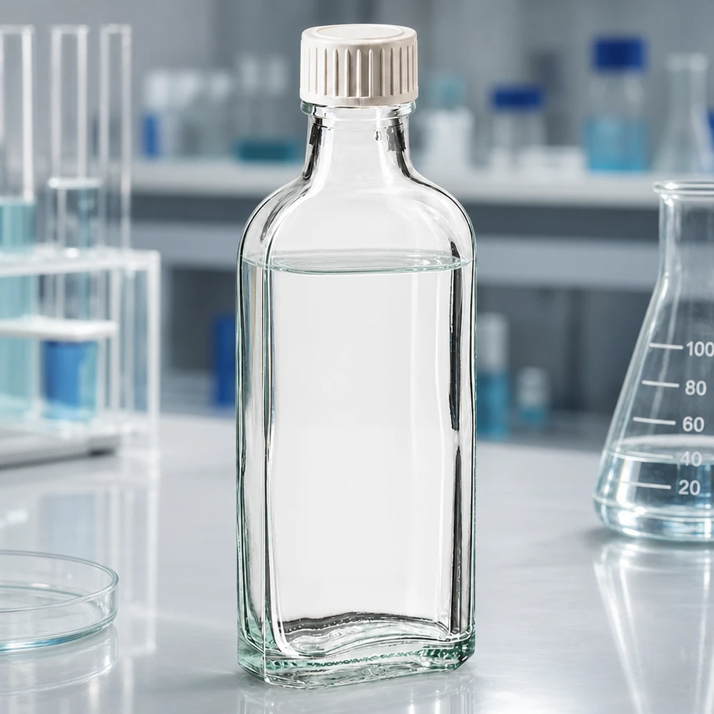 Pequeño frasco de laboratorio de 100 ml con un inserto de espuma de polietileno en el tapón de rosca, sobre una mesa de laboratorio blanca