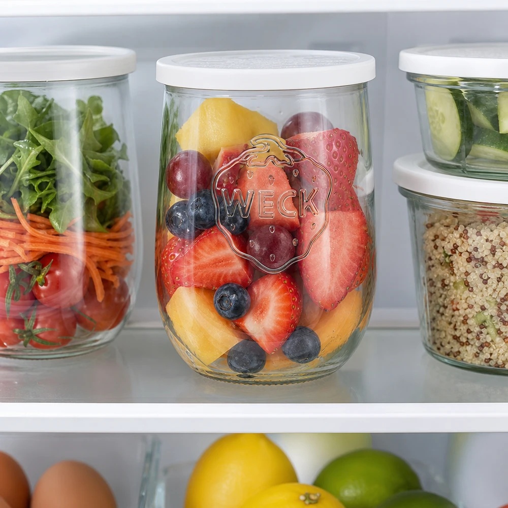 1062ml tarro tulipán con tapa de frescura WECK RR100 Tarro tulipán WECK 1062ml RR100 en la nevera con bayas frescas y trozos de fruta para guardar la comida preparada