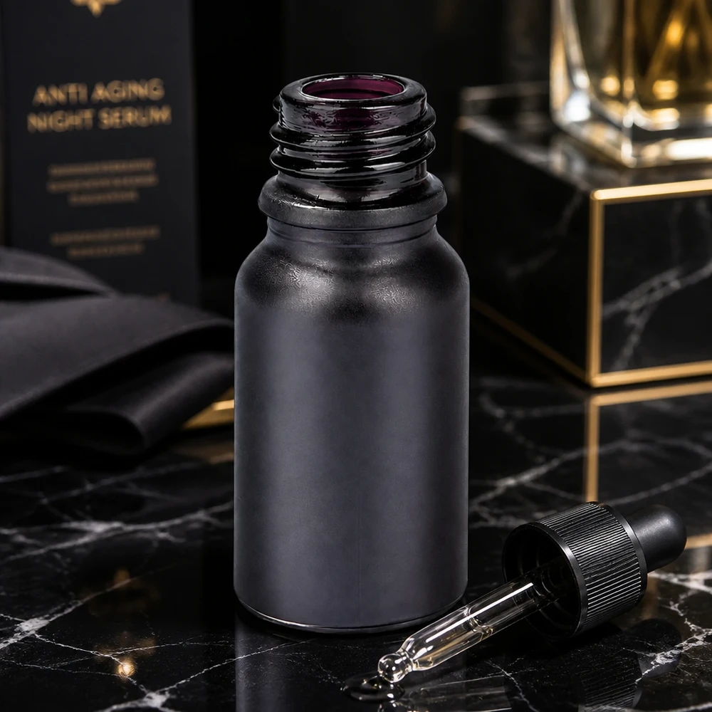 Frasco de farmacia BlackLine UT18/10 negro de 10 ml con pipeta para una dosificación precisa de los sueros