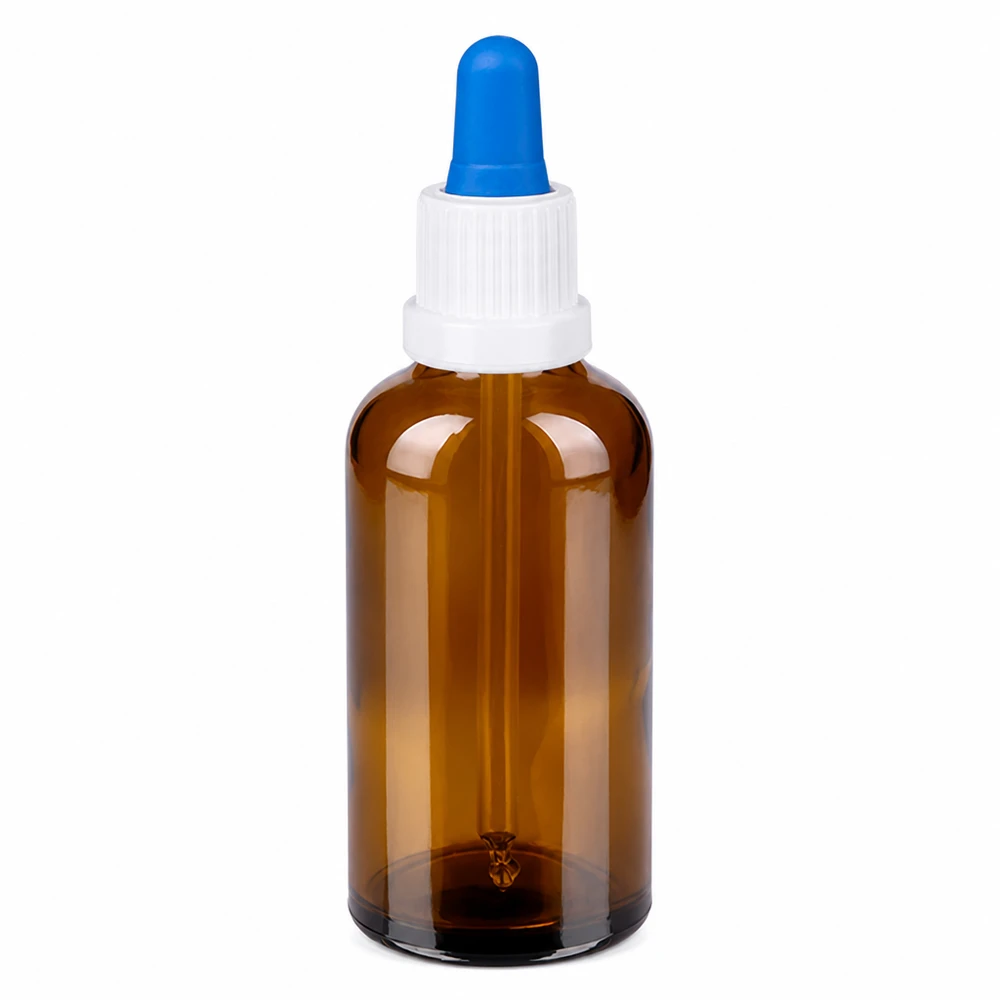 Frasco de pipeta de 50 ml de vidrio ámbar con tapón blanco y accesorio de pipeta azul