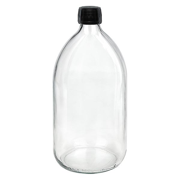 Frasco para medicamentos de 1000 ml, transparente, tapón negro con precinto de seguridad ApoGlas Frasco para medicamentos de 1000 ml, transparente, tapón negro con precinto de seguridad ApoGlas