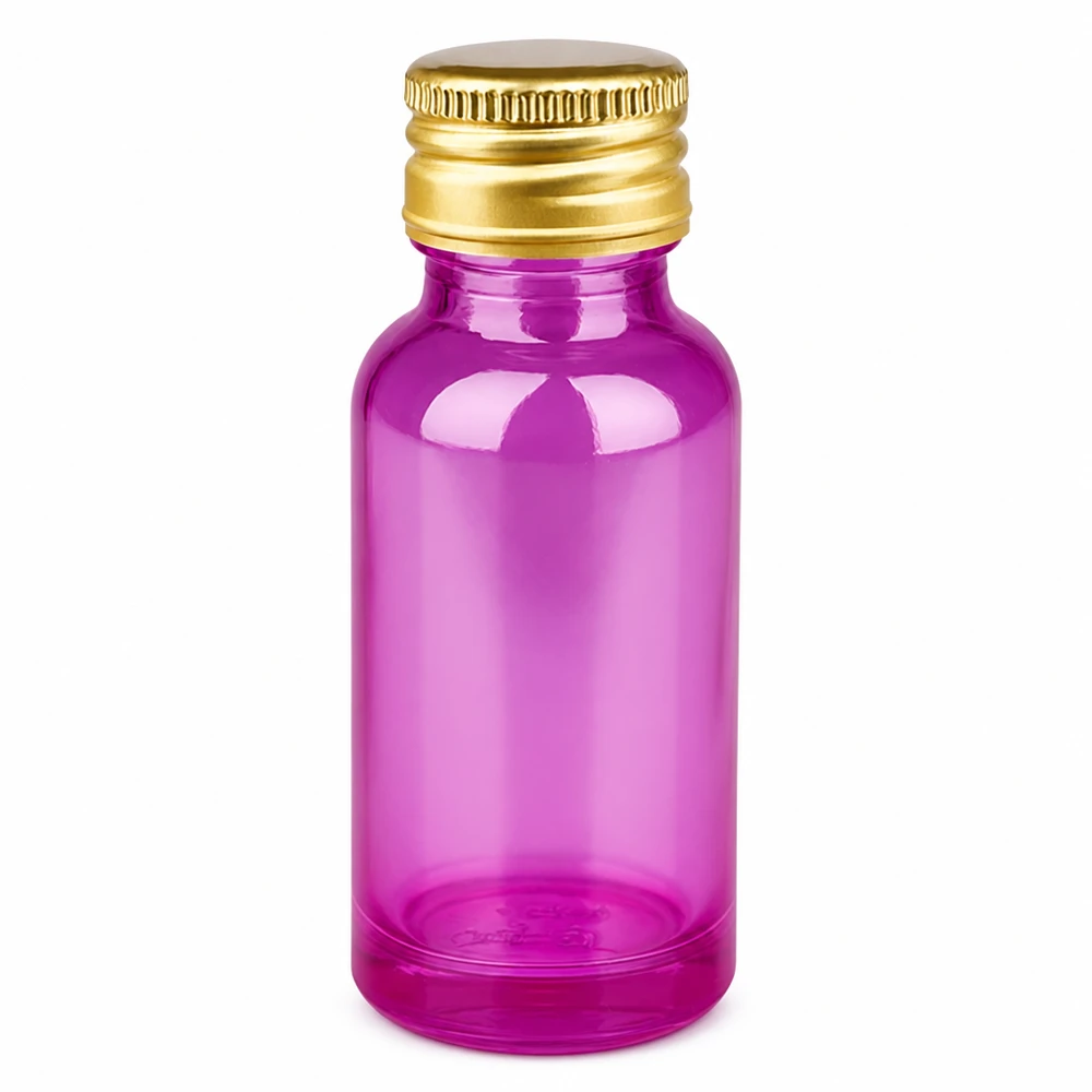 Frasco de vidrio de 20 ml púrpura transparente con tapón de aluminio dorado rosca de 11 mm