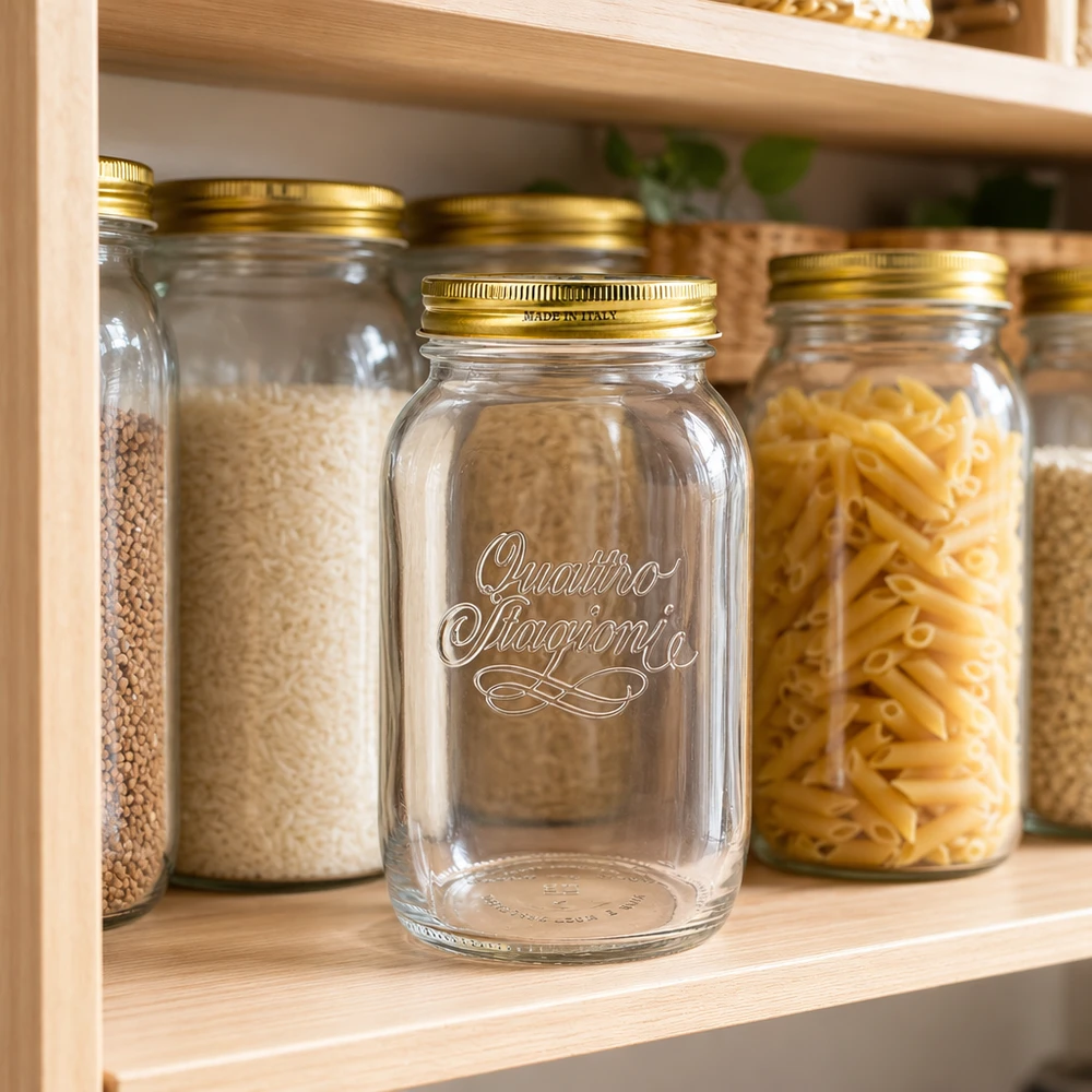 Vaso redondo "Quattro Stagioni" de 1500ml con tapa Quattro Stagioni 1500ml tarro redondo vacío en estante de almacenamiento con pasta arroz lentejas rellenos tarros de conserva Sistema de cocina